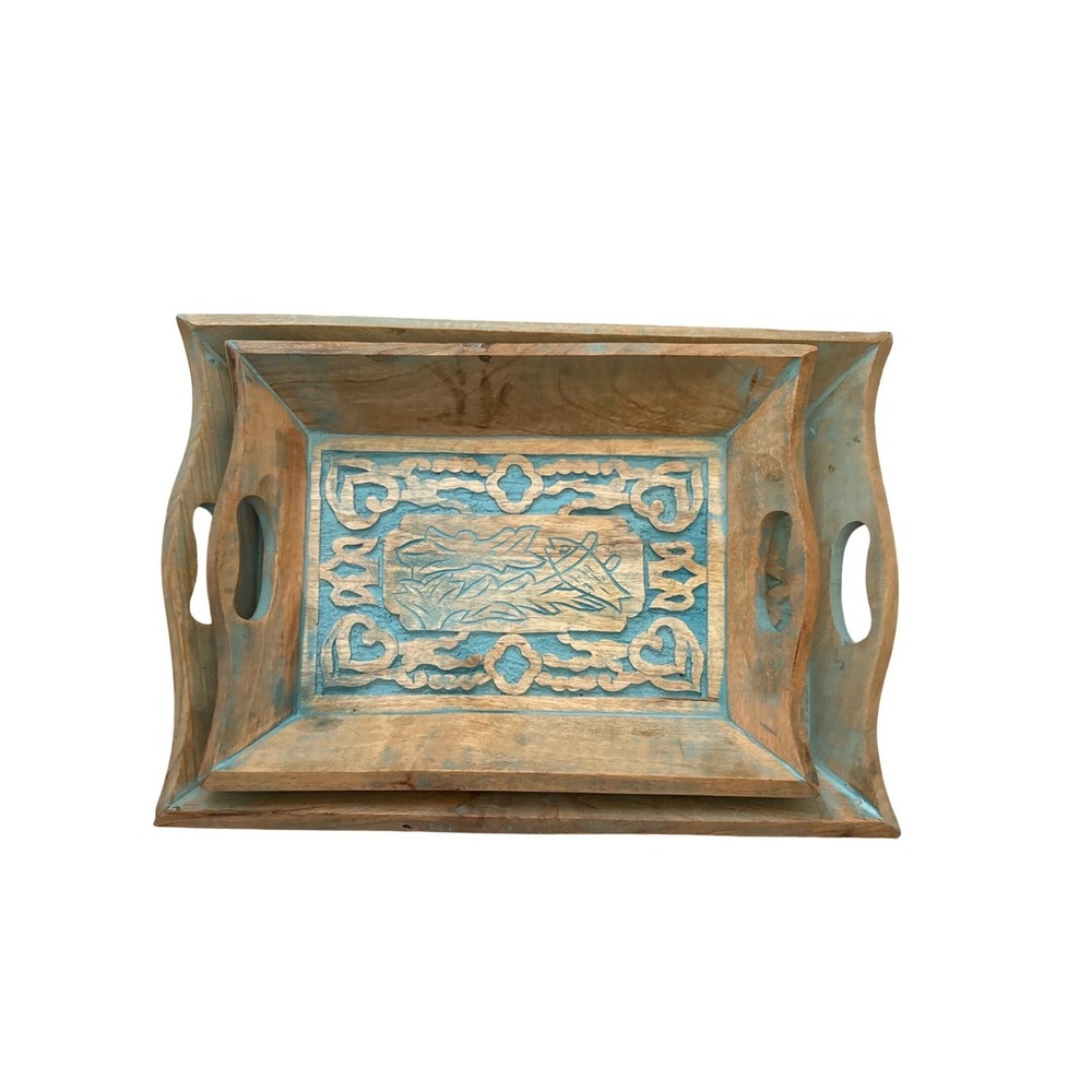 Hand Carved Wooden Nesting Tray Set Distressed Teal Blue Rustic Decorative 2pc